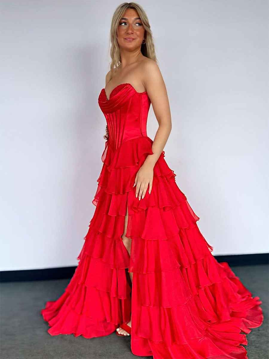 Yellow A Line Strapless Satin Corset Long Prom Dress with Ruffle Skirt