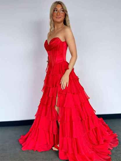 Yellow A Line Strapless Satin Corset Long Prom Dress with Ruffle Skirt