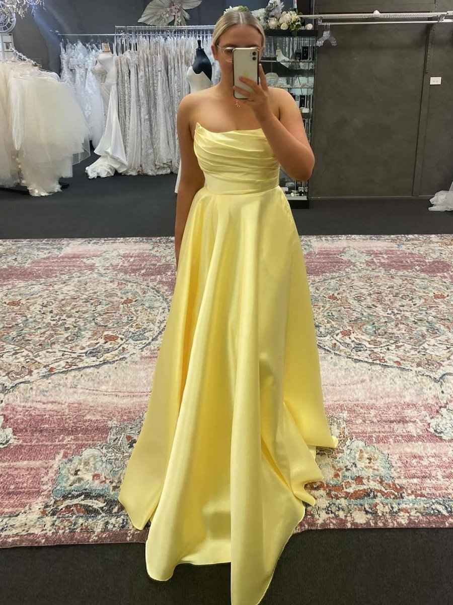 Sage Green A Line Strapless Satin Long Prom Dress with Slit