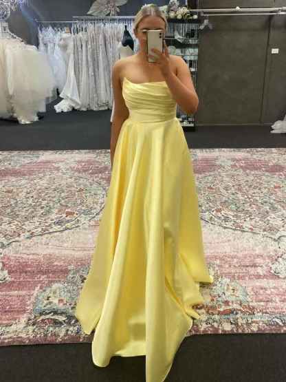 Sage Green A Line Strapless Satin Long Prom Dress with Slit