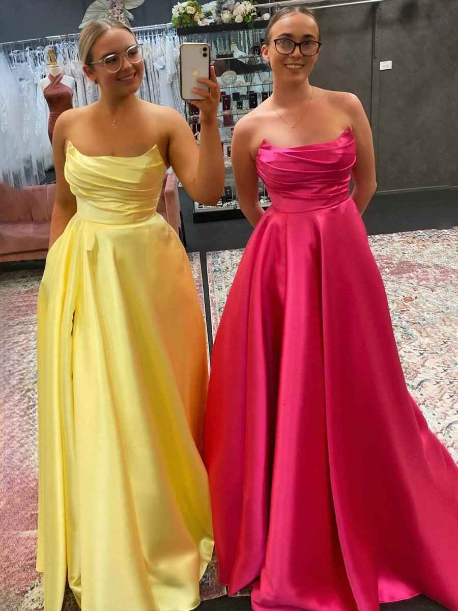 Sage Green A Line Strapless Satin Long Prom Dress with Slit