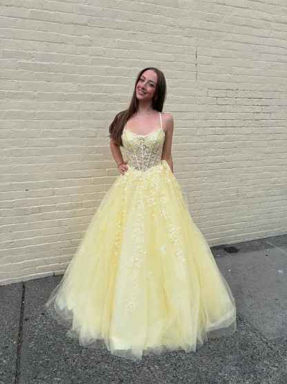 Yellow Floral A Line Lace Tulle Long Prom Dress with Applique|