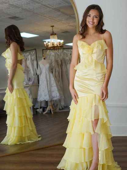 Yellow Mermaid Ruffle Chiffon Long Prom Dress with Flower