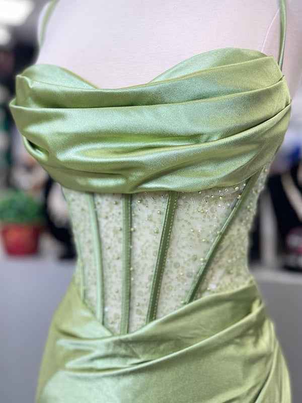 Yellow Mermaid Scoop Neck Satin Long Prom Dress with Slit