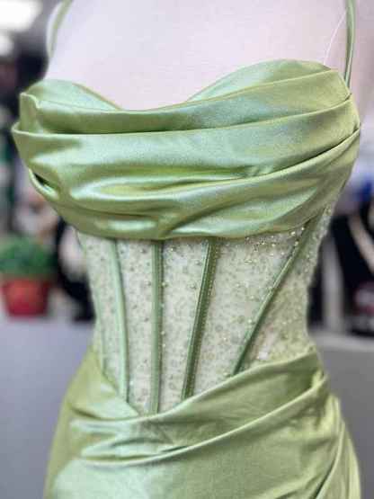 Yellow Mermaid Scoop Neck Satin Long Prom Dress with Slit