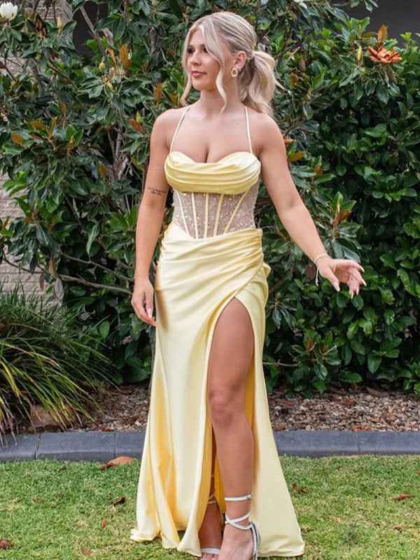 Yellow Mermaid Scoop Neck Satin Long Prom Dress with Slit
