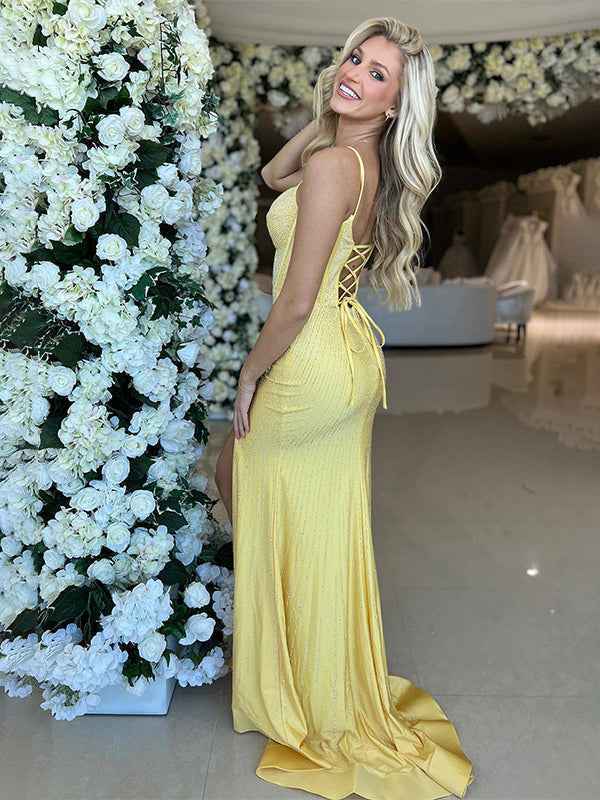 Yellow Mermaid Spaghetti Straps Corset Beaded Long Prom Dress with Slit