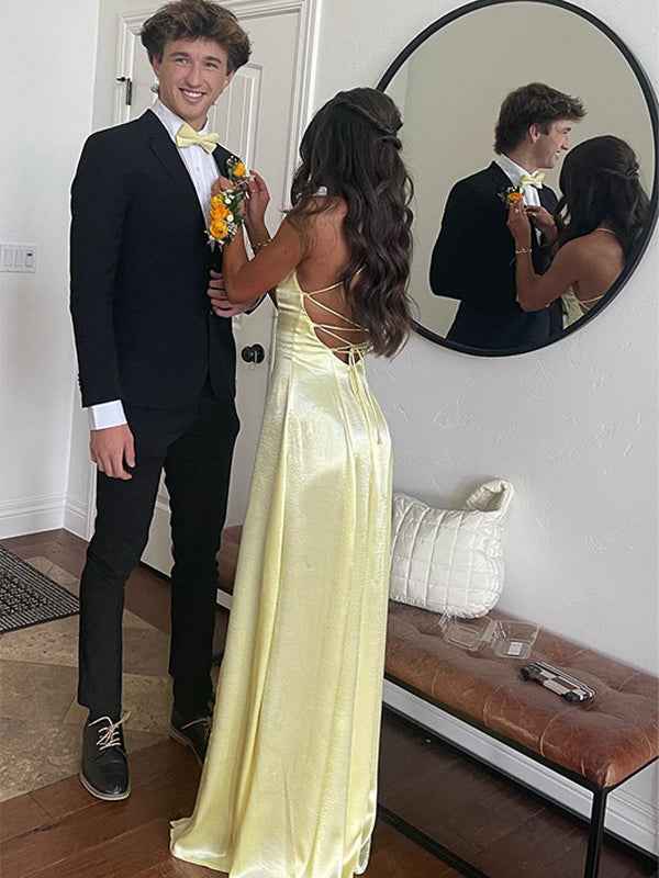 Yellow Mermaid Spaghetti Straps Prom Dress With Slit