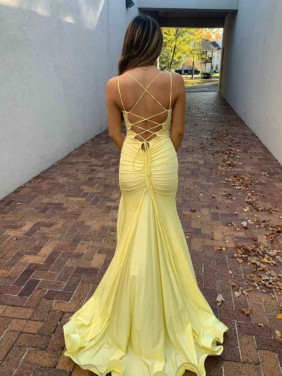 Yellow Mermaid Spaghetti Straps V Neck Satin Long Prom Dress with Slit