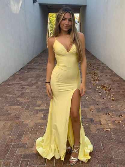 Yellow Mermaid Spaghetti Straps V Neck Satin Long Prom Dress with Slit