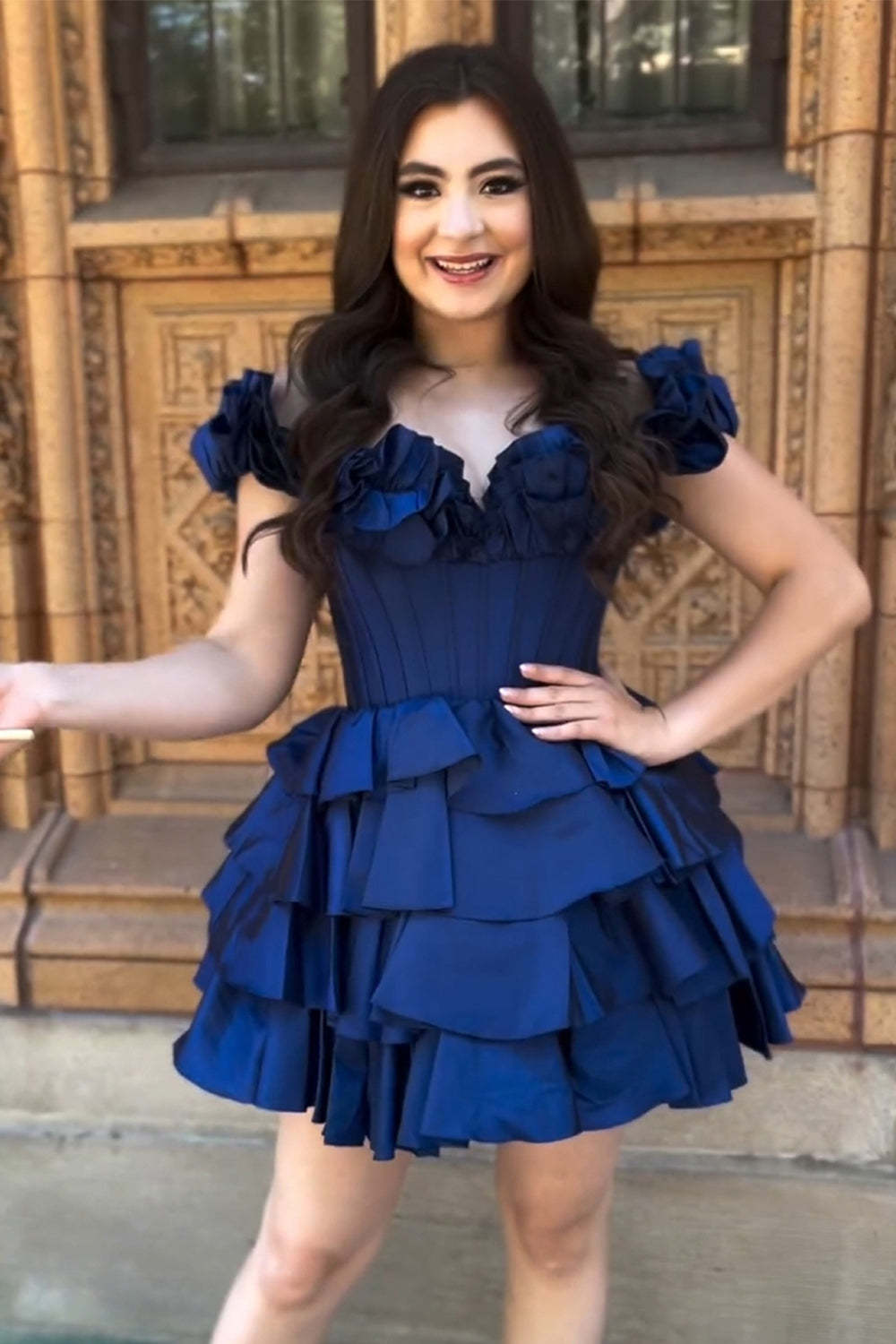 Golden Off the Shoulder A-Line Short Corset Homecoming Dress with Ruffles