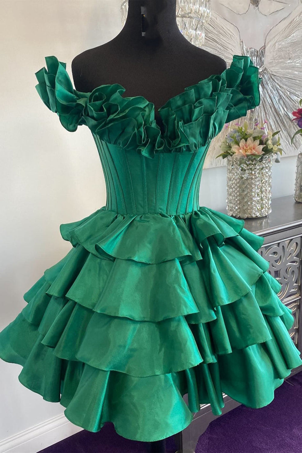 Golden Off the Shoulder A-Line Short Corset Homecoming Dress with Ruffles