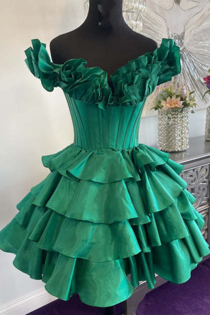 Golden Off the Shoulder A-Line Short Corset Homecoming Dress with Ruffles