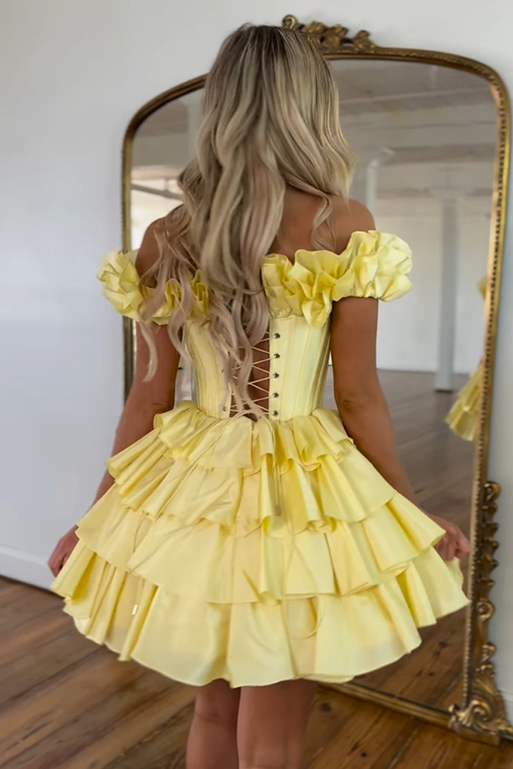 Yellow Off the Shoulder A-Line Short Corset Homecoming Dress with Ruffles