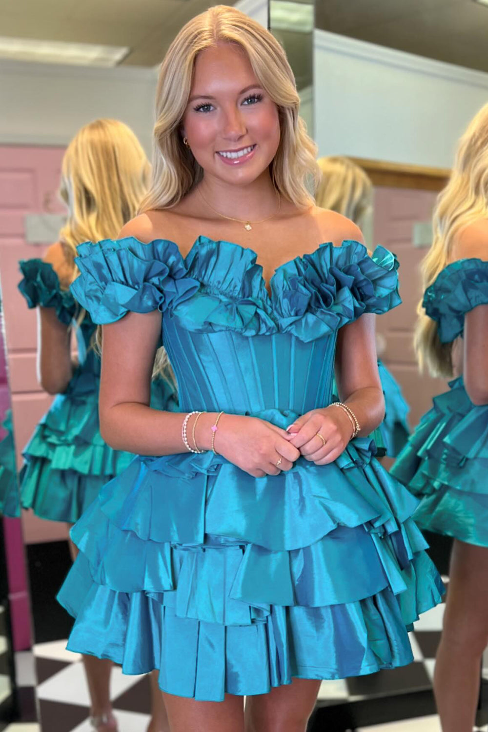 Golden Off the Shoulder A-Line Short Corset Homecoming Dress with Ruffles