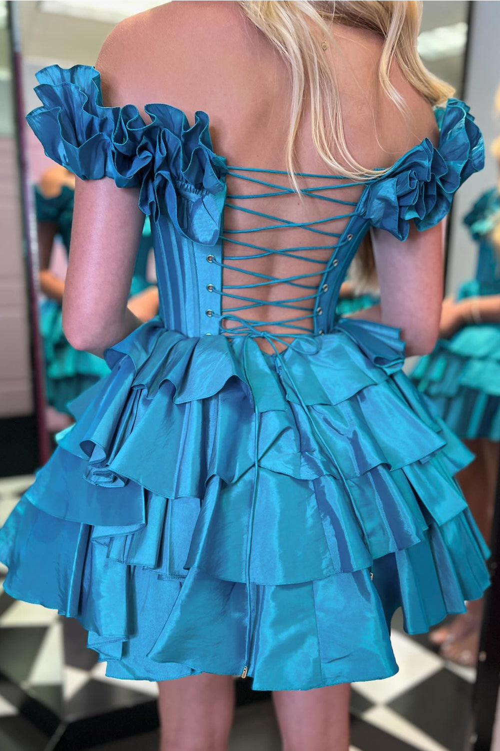 Golden Off the Shoulder A-Line Short Corset Homecoming Dress with Ruffles