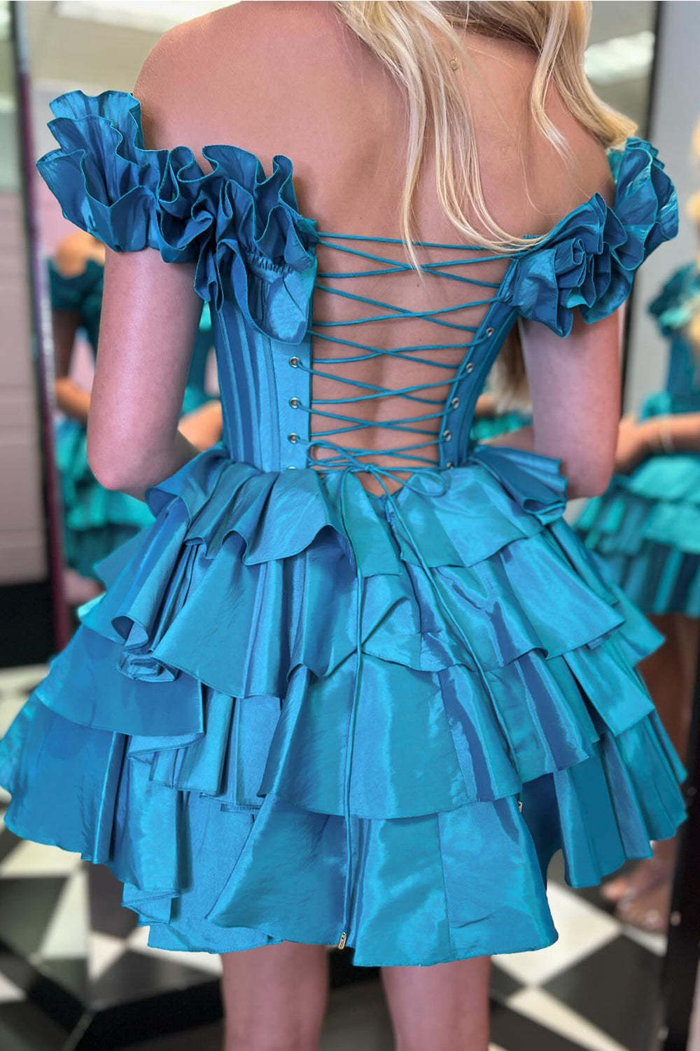 Golden Off the Shoulder A-Line Short Corset Homecoming Dress with Ruffles