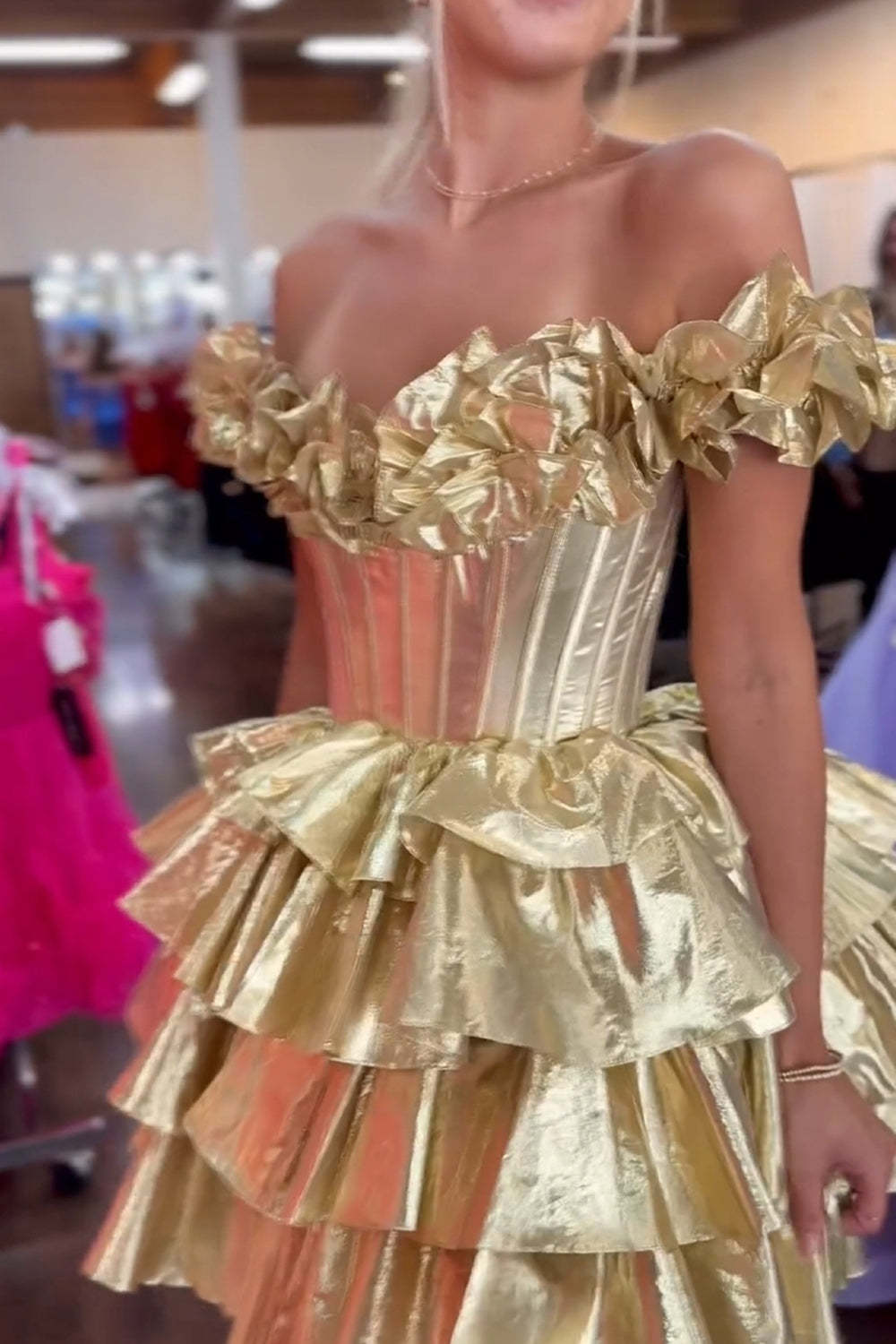 Yellow Off the Shoulder A-Line Short Corset Homecoming Dress with Ruffles