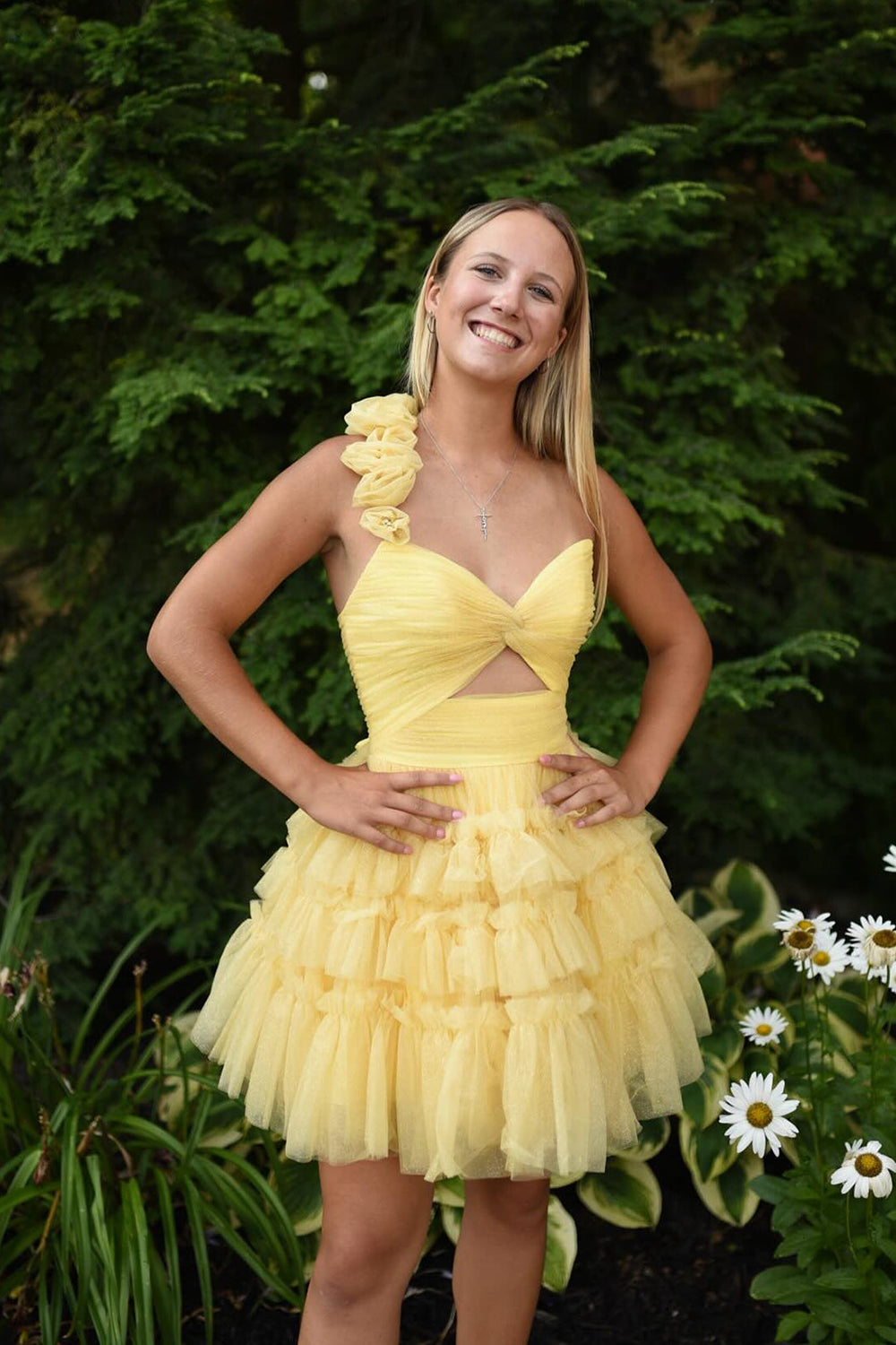 Yellow One Shoulder A-Line Tulle Tiered Short Homecoming Dress