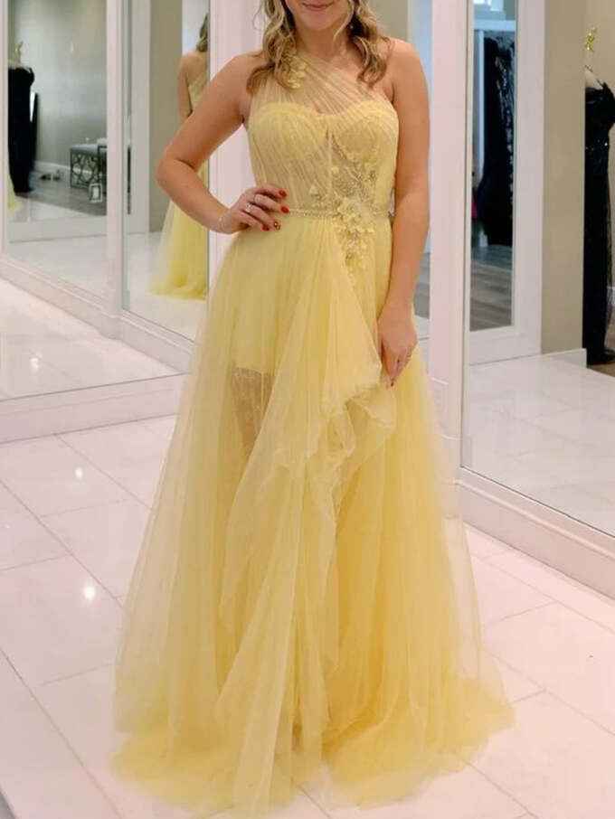 One Shoulder Tulle Long Prom Homecoming Dress with Flowers