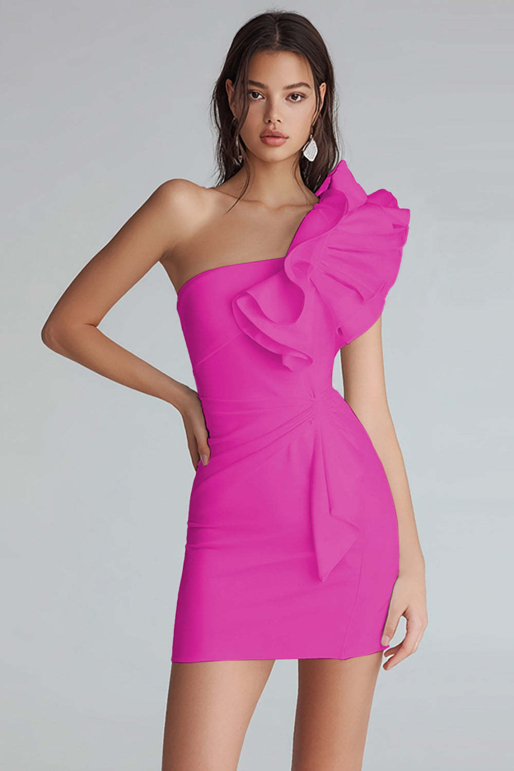 Yellow Satin Satin One Shoulder Short Tight Homecoming Dress with Ruffles