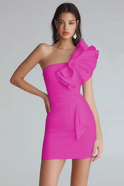 Yellow Satin Satin One Shoulder Short Tight Homecoming Dress with Ruffles