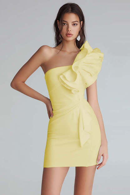 Yellow Satin Satin One Shoulder Short Tight Homecoming Dress with Ruffles