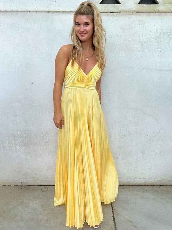 Green Spaghetti Straps Pleated A-Line Empire-Waist Formal Prom Dress