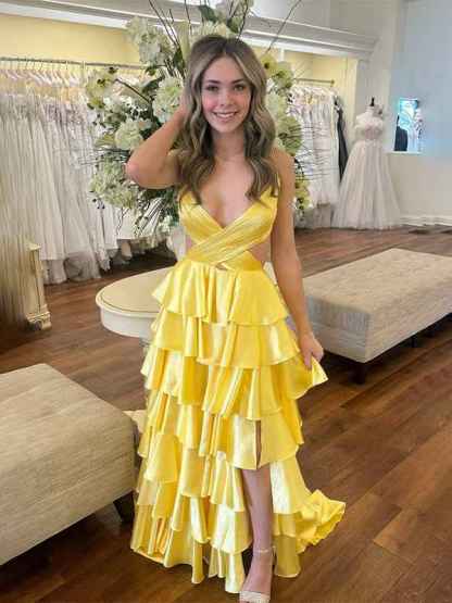 Yellow Spaghetti Straps V-Neck Layered Satin Prom Dress with Slit