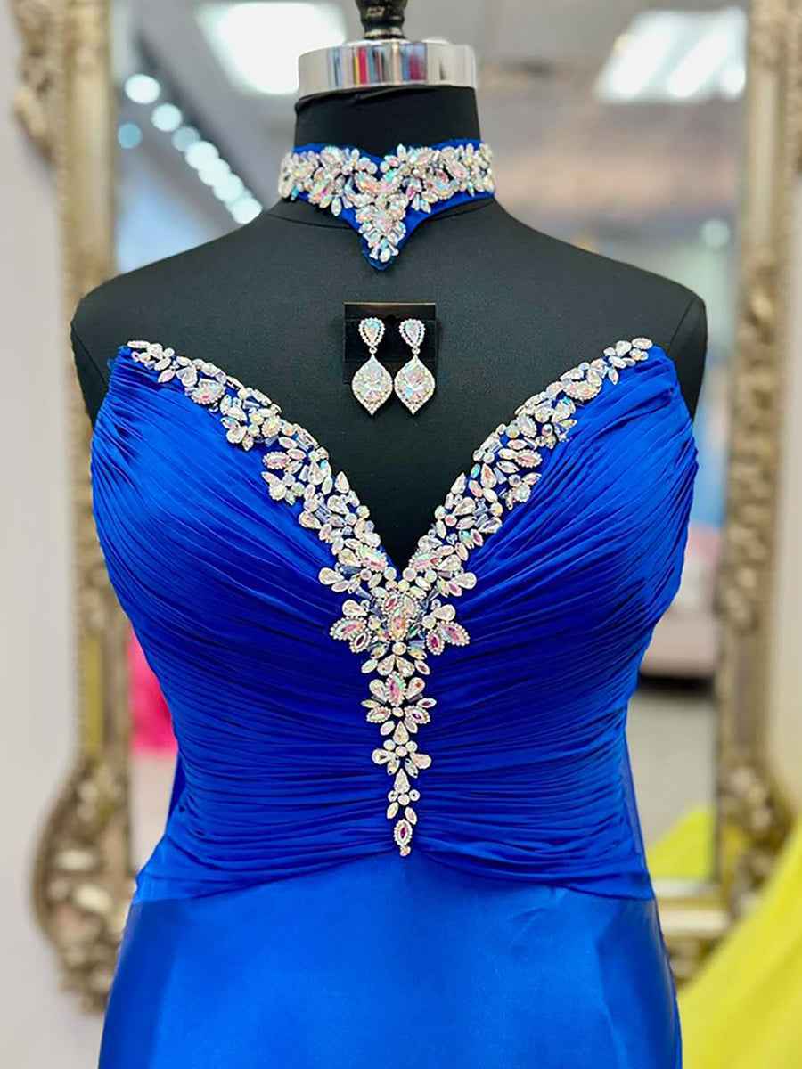 Yellow Strapless Crystal Plunge Neckline Satin Prom Dress with Slit