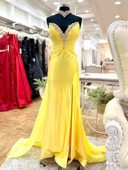 Yellow Strapless Crystal Plunge Neckline Satin Prom Dress with Slit