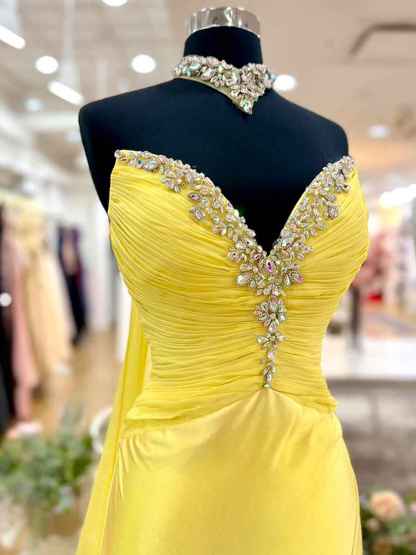 Yellow Strapless Crystal Plunge Neckline Satin Prom Dress with Slit
