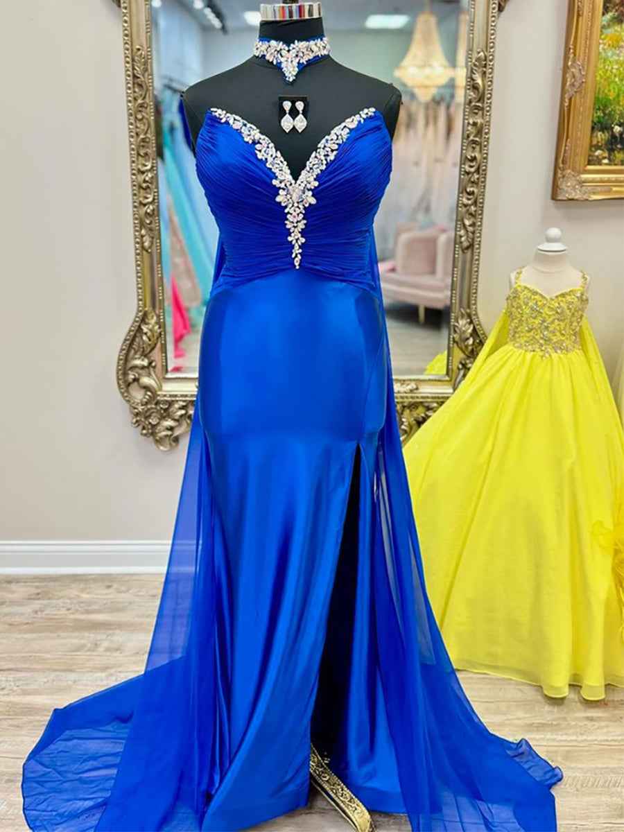 Yellow Strapless Crystal Plunge Neckline Satin Prom Dress with Slit