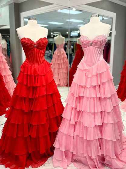 Yellow Strapless Tiered Ruffle Corset Prom Dress with High Slit