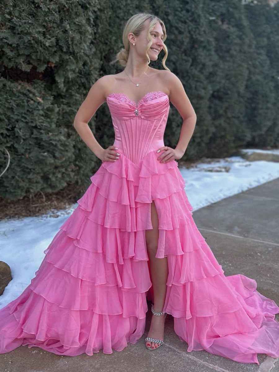 Yellow Strapless Tiered Ruffle Corset Prom Dress with High Slit