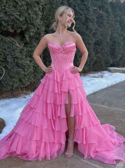 Yellow Strapless Tiered Ruffle Corset Prom Dress with High Slit