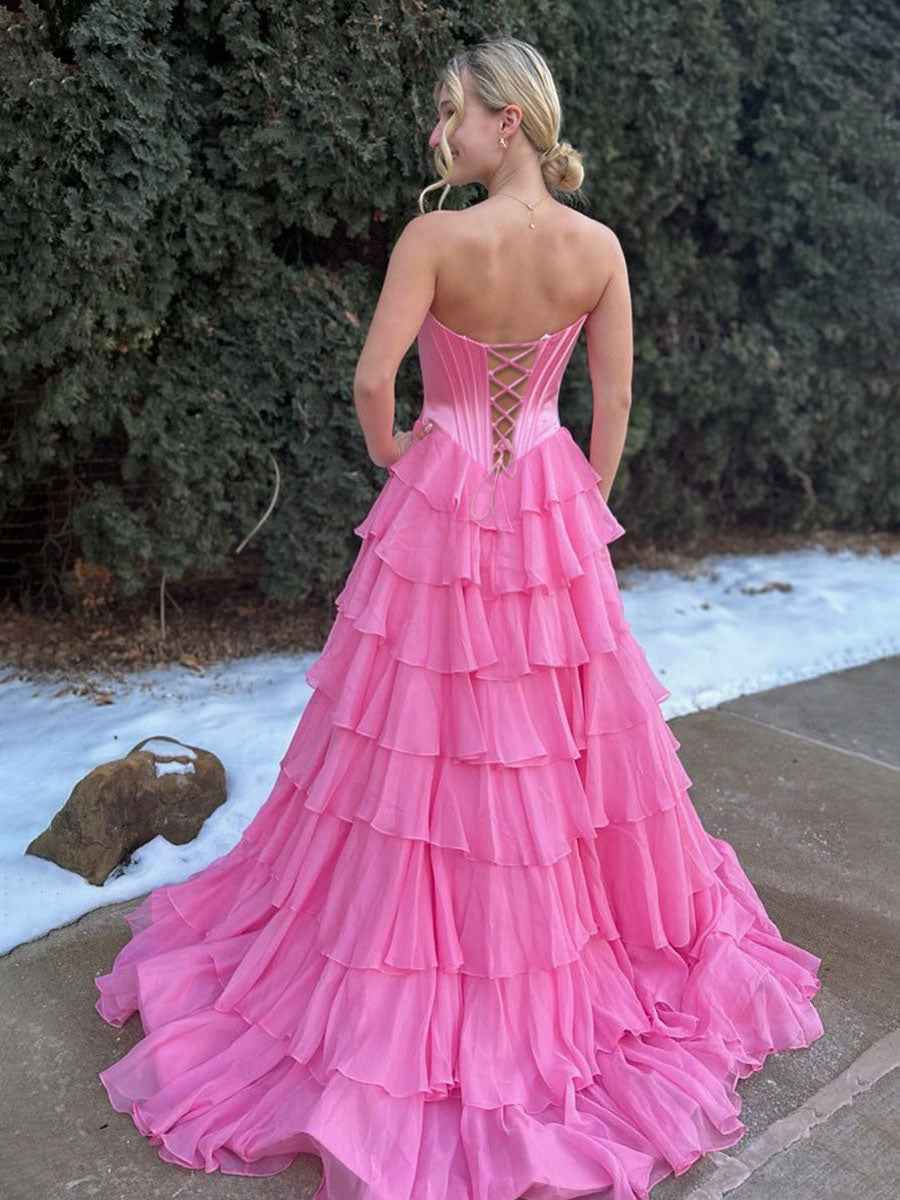 Yellow Strapless Tiered Ruffle Corset Prom Dress with High Slit