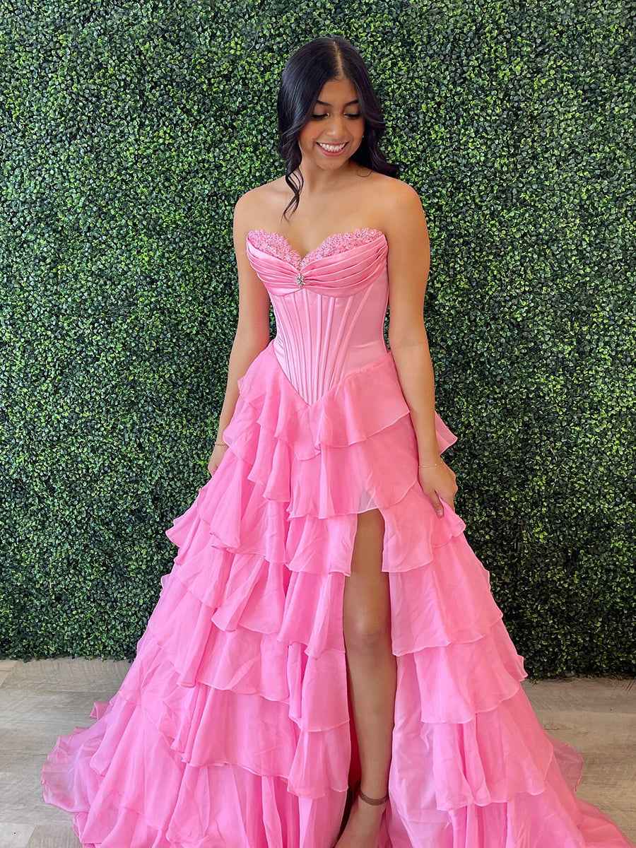 Yellow Strapless Tiered Ruffle Corset Prom Dress with High Slit