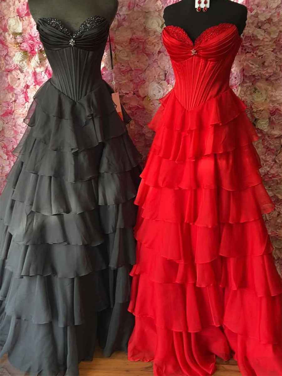 Yellow Strapless Tiered Ruffle Corset Prom Dress with High Slit