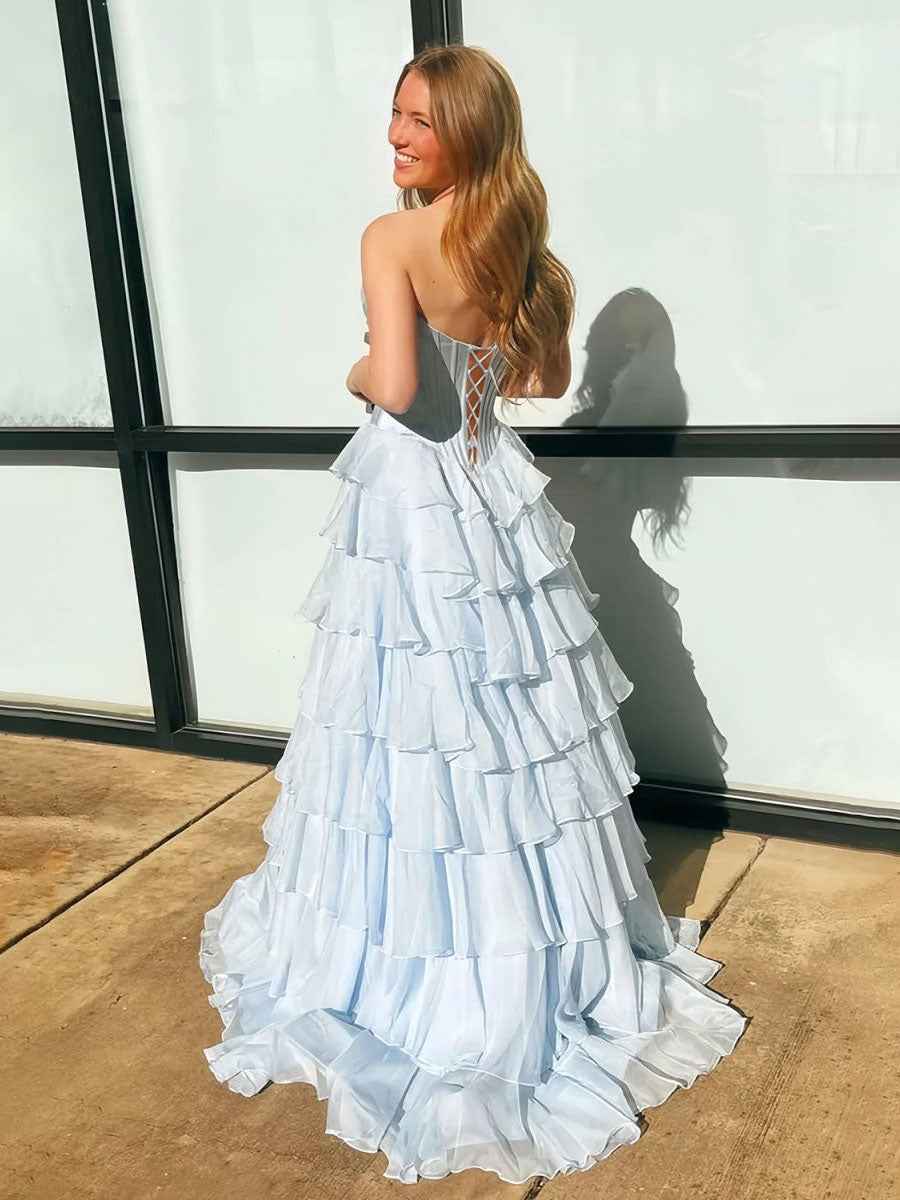 Yellow Strapless Tiered Ruffle Corset Prom Dress with High Slit