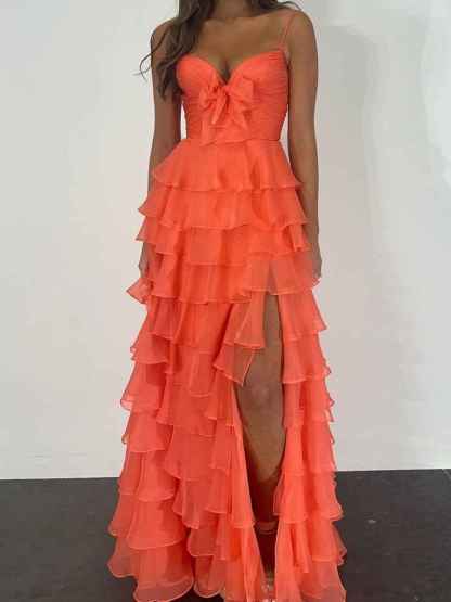 Yellow Tie-Front Sweetheart Neckline Tiered Ruffle Prom Dress with Slit