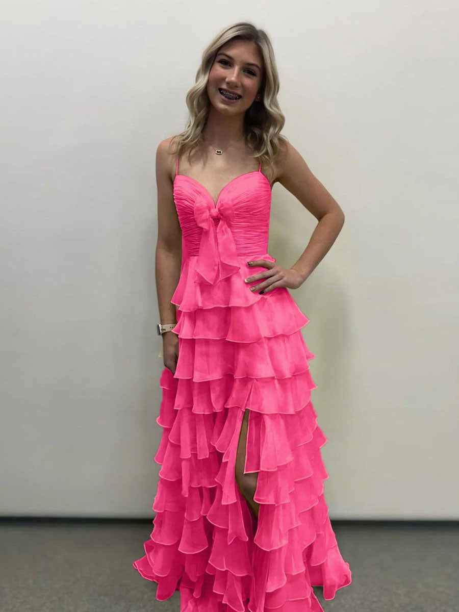 Yellow Tie-Front Sweetheart Neckline Tiered Ruffle Prom Dress with Slit