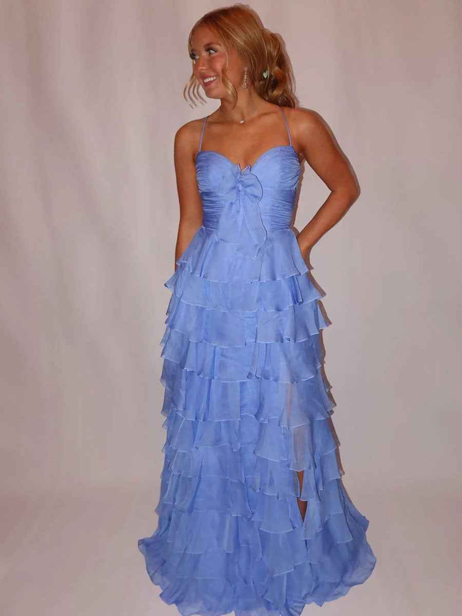 Yellow Tie-Front Sweetheart Neckline Tiered Ruffle Prom Dress with Slit