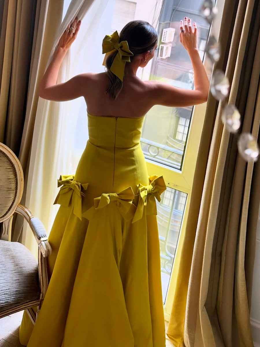 A Line Strapless Drop-Waist Prom Dress with Bow Accents