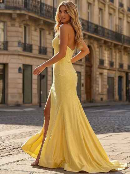 Yellow Beaded Halter Corset Prom Dress with High Slit