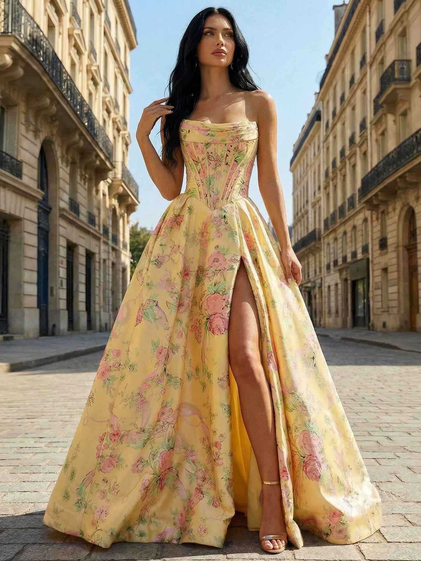 Yellow Floral Print A Line Strapless Satin Corset Prom Dress