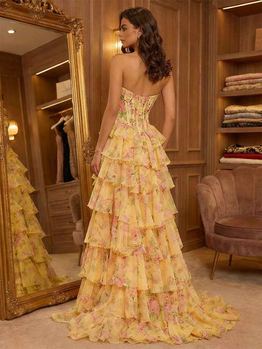 Yellow Floral Print Strapless Tiered Ruffles Corset Prom Dress with Beaded Neckline