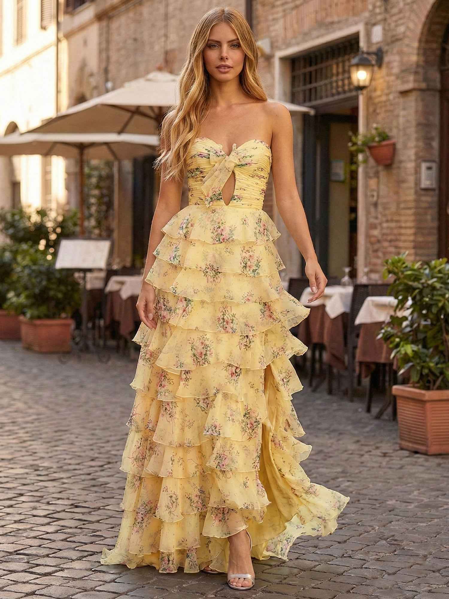 Yellow Floral Print Strapless Tiered Ruffles Long Prom Dress with Tie-Front Bow