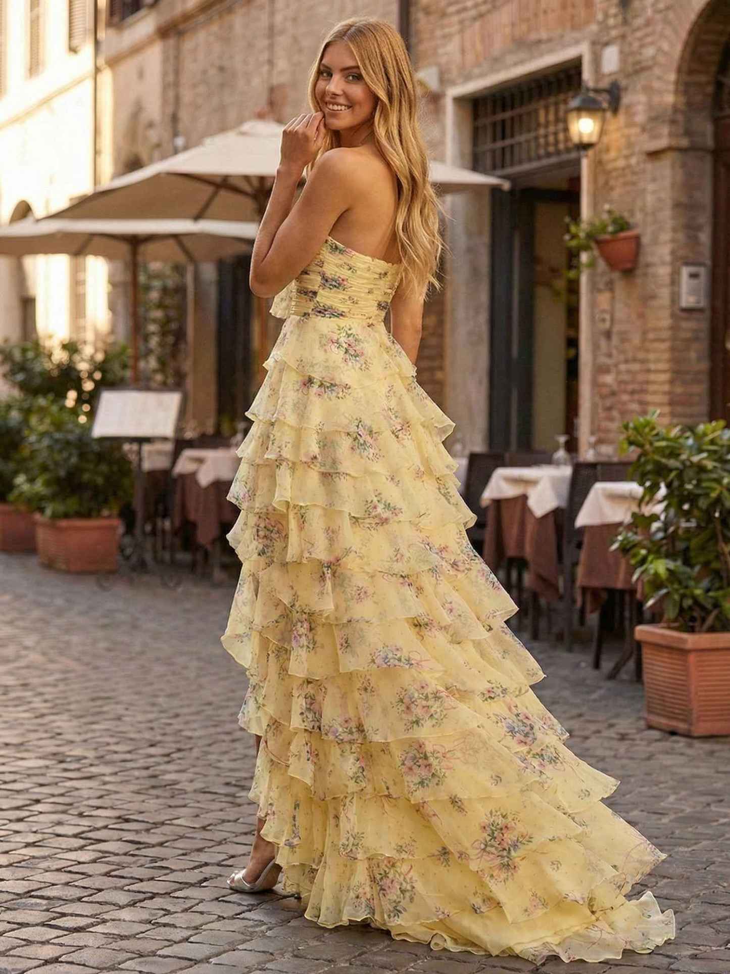 Yellow Floral Print Strapless Tiered Ruffles Long Prom Dress with Tie-Front Bow