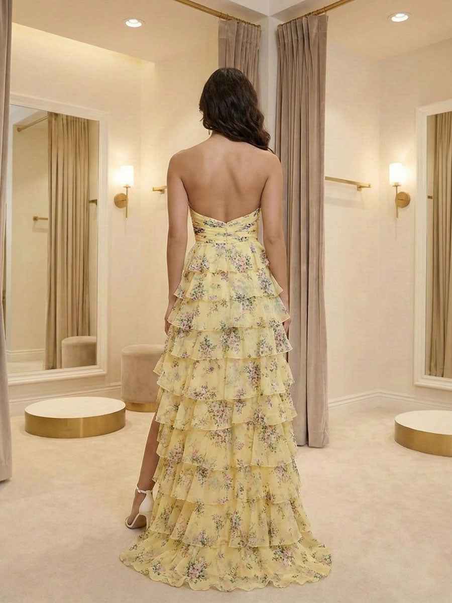 Yellow Floral Print Strapless Tiered Ruffles Prom Dress with Tie-Front Bow